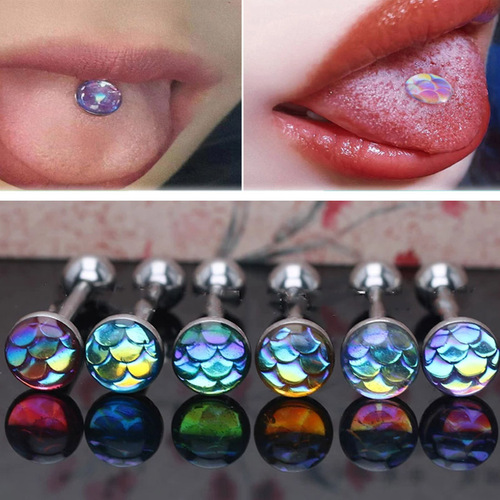 Cross-border fish scale gradient 14G tongue ring stainless steel scale drop oil tongue ring personalized laser color-changing piercing tongue