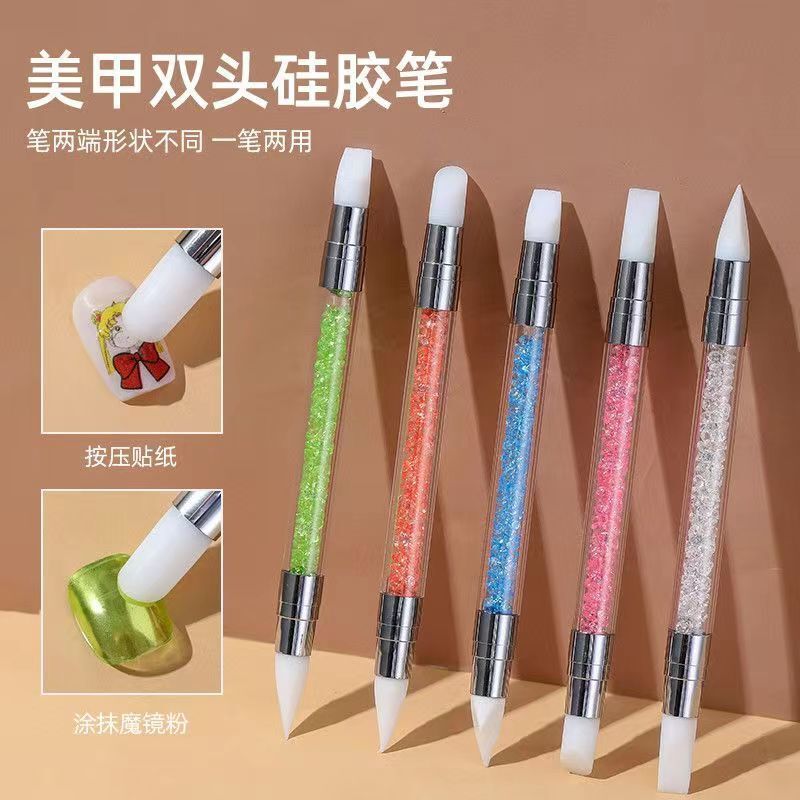 Nail Art Silicone Double-Ended Embossing Pen, Nail Stickers, Carving and Gradient Press Stick, Magic Mirror Powder Brush