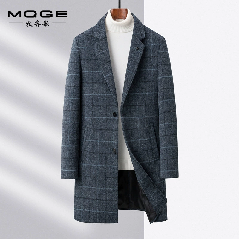 Осенняя и зимняя новая мужская шерстяная шерстяная шерстяная куртка средней длинности с воротником шерстяная ветровка модная повседневная клетчатая куртка