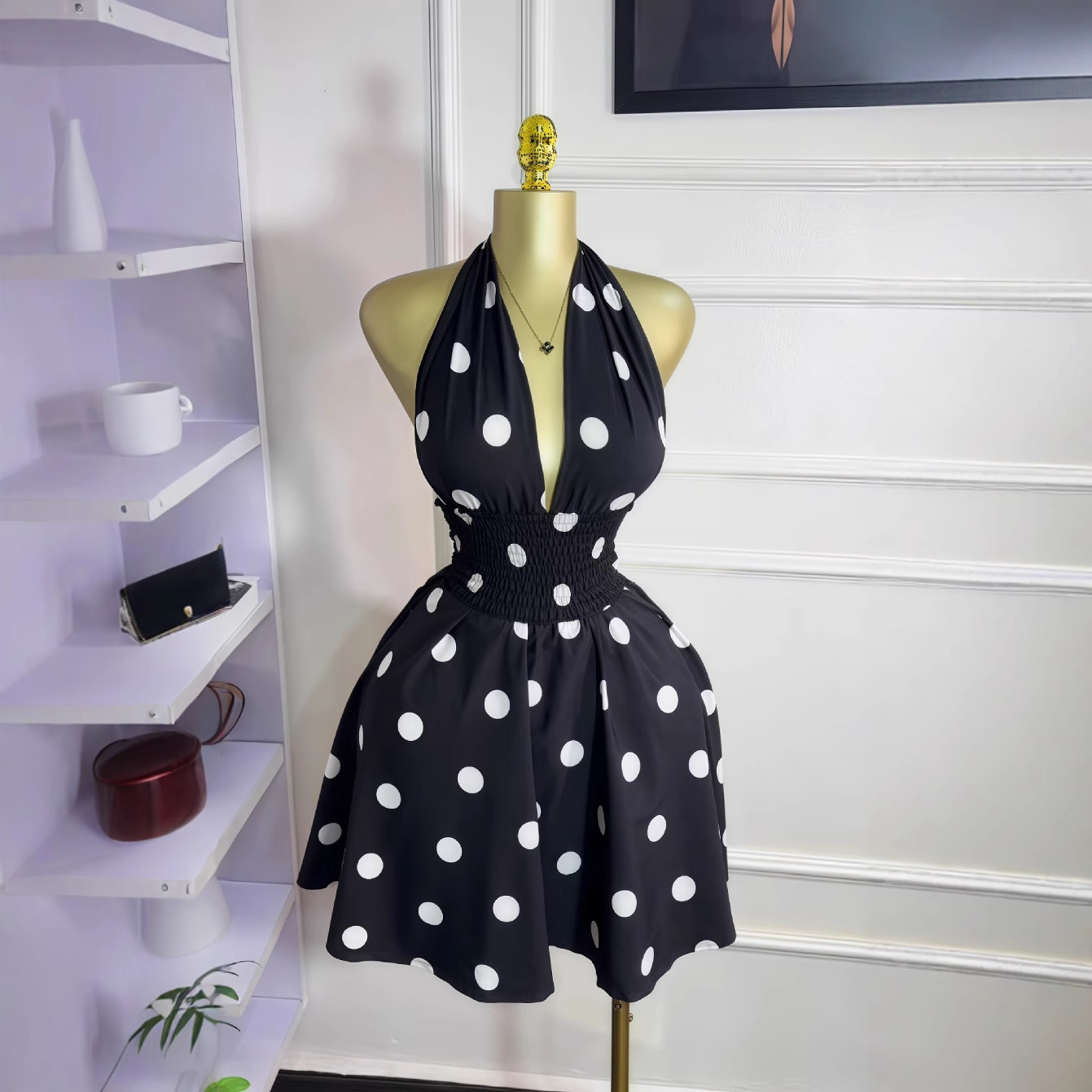 Women's Polka Dot Backless Wrap Dress – Sleeveless V-Neck Mini Dress With Adjustable Waist Tie (Summer Trend)_ecoleips.com