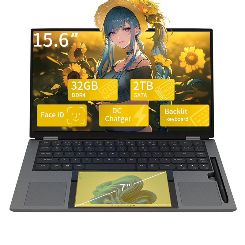 New Model 15.6+ 7inch N150 Dual-Screen Office Design Drawing Notebook High-Performance Portable Gaming Laptop