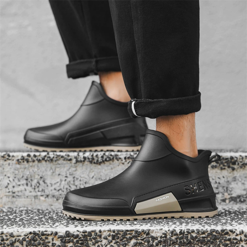 Трансграничная мода короткие дождевые сапоги мужские дикие носки пара водная обувь противоскользящая кухня резиновая обувь водонепроницаемая автомойка обувь женщина