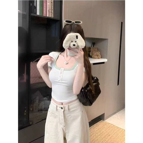 Retro Color-blocking U-neck Single-breasted Short-sleeve T-shirt Women's Summer 2025 New Fitted Slimming Short Top