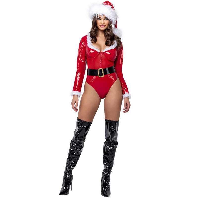 Leather Christmas Clothing Holiday Party Long-Sleeved Patent Leather Pu Sexy Jumpsuit Christmas Costume Cos Costume Suit