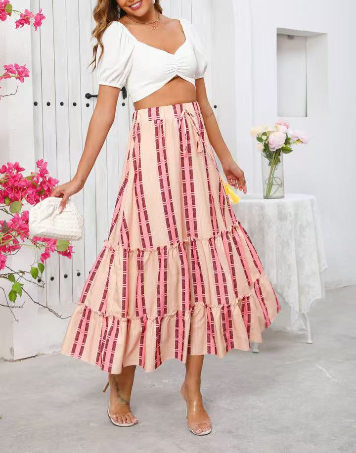 Real Shot Of Cross-border Foreign Trade 2025 Summer New Bohemian Resort Style Printed Flared Skirt For Women_ecoleips.com