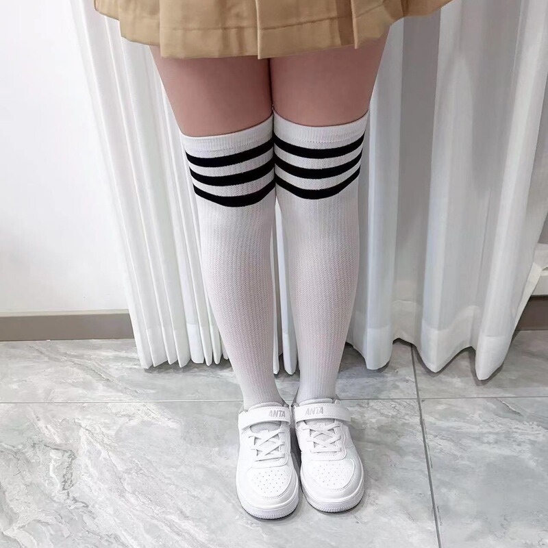 Love Tick-tock Children's White Stockings Summer Three Bars Student Football College Over-the-Knee Socks for Boys and Girls