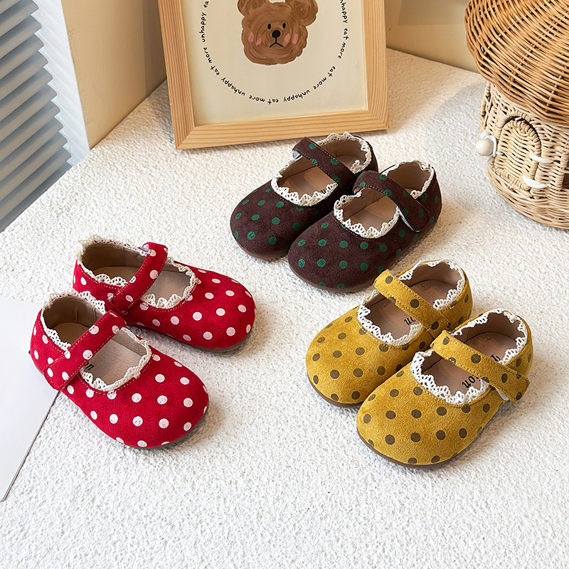 Children's Leather Shoes 2025 Summer Korean Style Girls' Polka Dot Lace Princess Shoes Baby Soft Sole Toddler Shoes Doudou Shoes