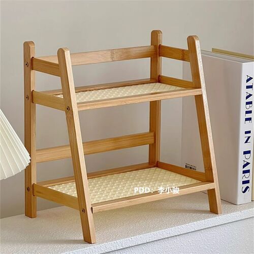 Handmade Ins-style ancient Chinese style rattan cream double-layer desktop shelf for dormitory bedroom office kitchen cup holder