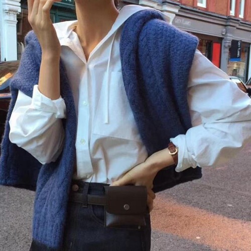 Women's Loose Casual Long-Sleeve White Hooded Shirt with Chic Autumn Minimalist Design, Versatile and Stylish for Korean Women