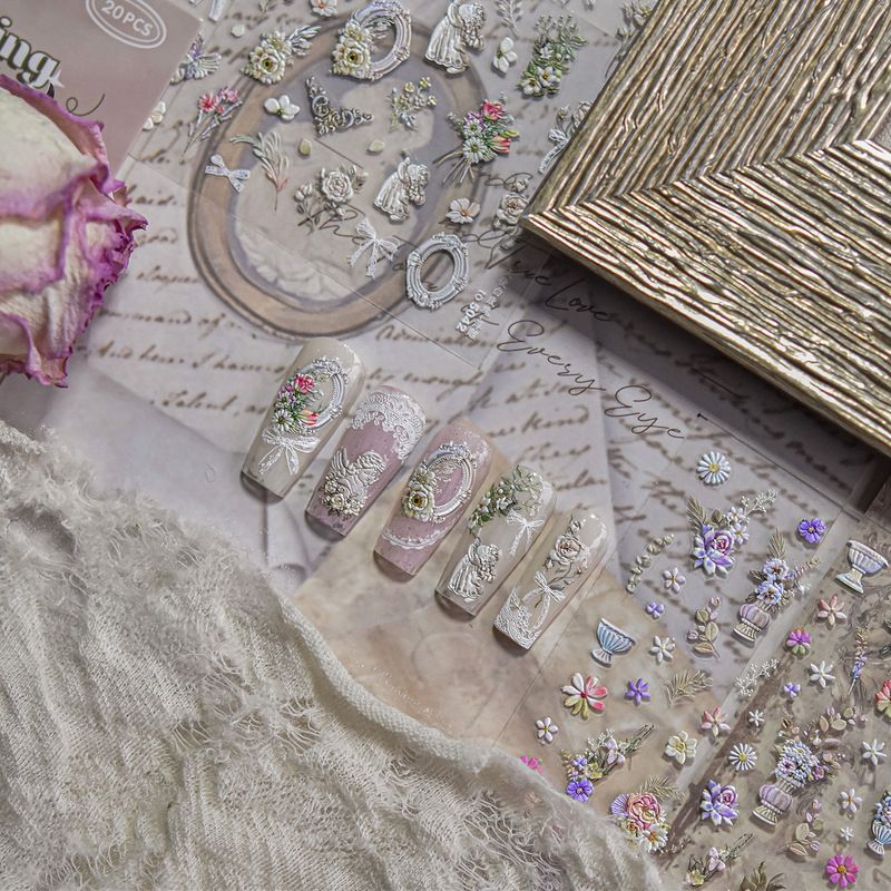 Tomoni Nail Art Relief Stickers Spring New Stationery Mobile Phone Art Nail Stickers Angel White Rose Mixed