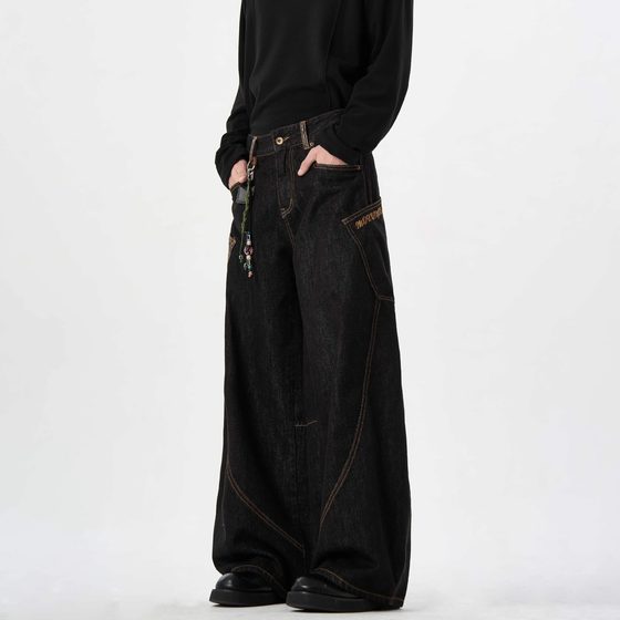 American Style Retro Plaid Stitching Machete Jeans Men's Spring and Autumn New Distinctive Street Vibe Wide Leg All-match Trousers