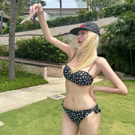 欧美风夏日海滩波点泳衣比基尼套装露背绑带胸衣翻边低腰分体泳衣