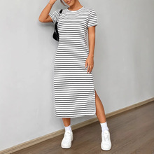 跨境欧美女装亚马逊速卖通独立站长裙圆领短袖条纹印花开叉连衣裙