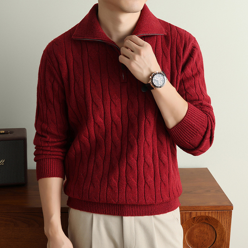 2026 Autumn/Winter New Old Money Style Cable Knit Wool Sweater with Turn-down Collar and Zipper, Solid Color Casual Men's Sweater