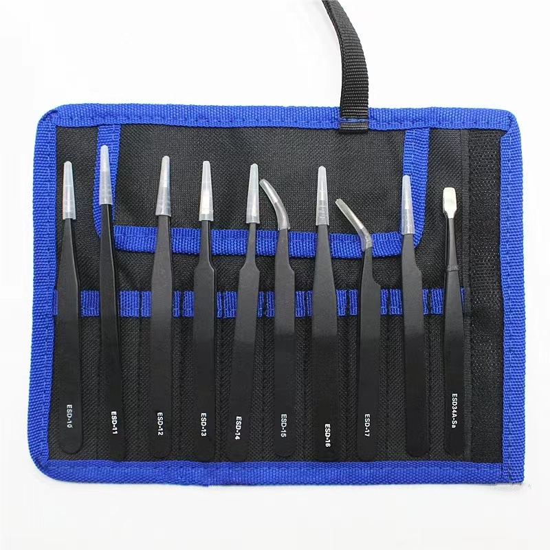 防静电镊子尖头弯头10件套ESD镊子 9件套帆布袋工具包不锈钢 跨境