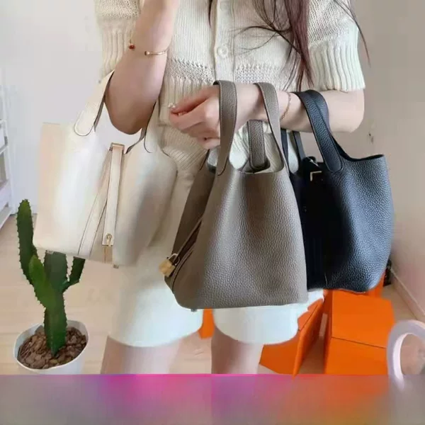 In-Stock Genuine Leather Women's Handbag, Bucket Bag, Togo First-Layer Cowhide, Pebbled Pattern, Hand-Held, Crossbody, Wedding Bag