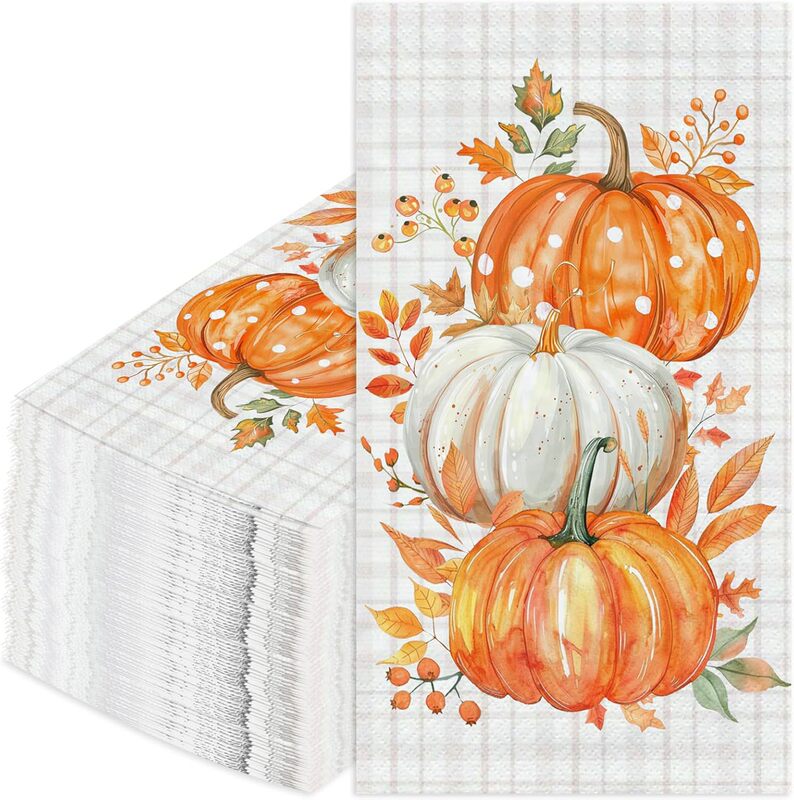 Thanksgiving Autumn Pumpkin Guest Light Gray Plaid Background Maple Leaf Orange Pumpkin Decoration Disposable Napkins Thanksgiving Autumn Pumpkin Guest Light Gray Plaid Background Maple Leaf Orange Pumpkin Decoration Disposable Napkins