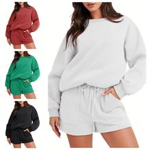 2023欧美亚马逊现货女士时尚圆领长袖纯色休闲上衣卫衣短裤套装