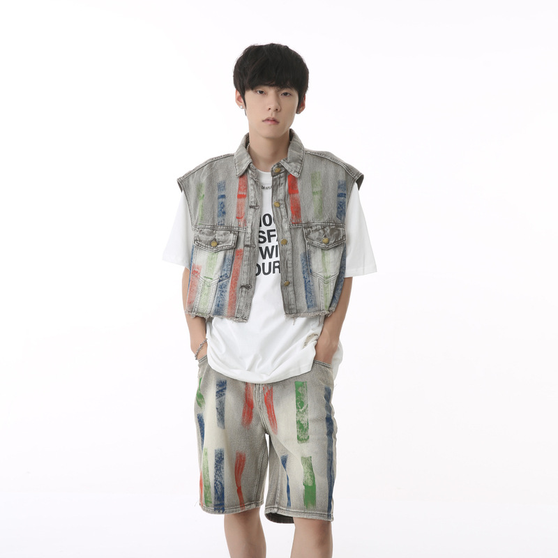 MTLCLOTHES men's clothing | 2023 Summer new Korean style personalized graffiti sleeveless vest Denim shorts suit