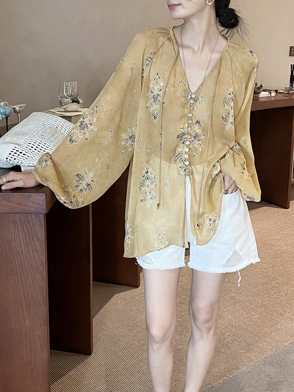 GRACETINAHOO 夏新作フレンチレイジー日焼け止め染め花柄シルクシワ質感軽量万能シャツ|undefined