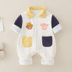 春季男寶寶爬爬服可愛卡通小熊帽雙層純棉新生兒連體外出服批發