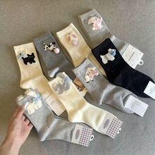 秋季新款可爱卡通毛绒小猫中筒袜子女韩系蝴蝶结饰品堆堆袜ins潮