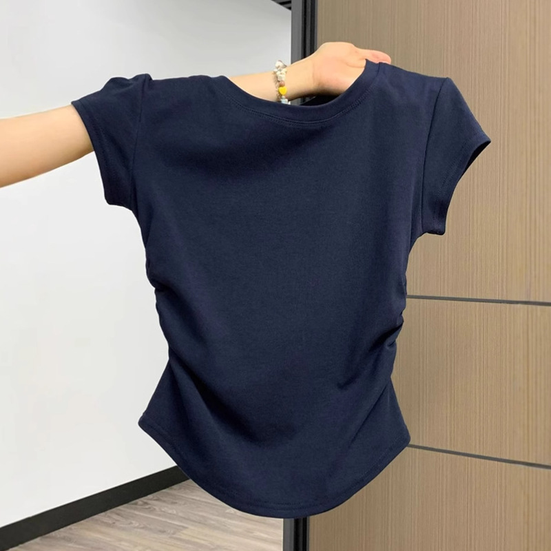 Navy Blue Round Neck Right Shoulder Small Flying Sleeve T-Shirt for Women Summer Petite Sexy Pleated Waist Slim Short Top