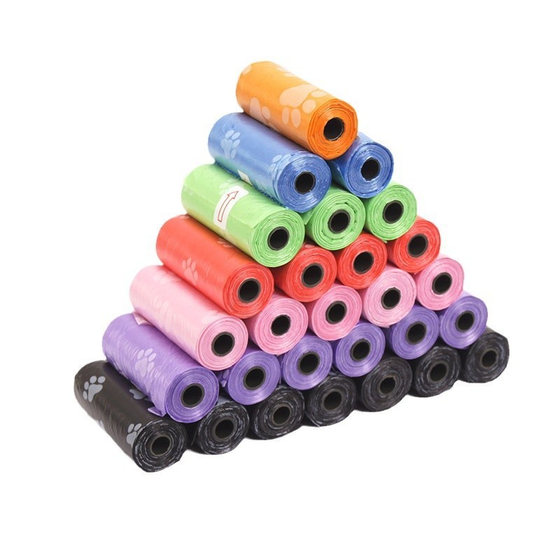 Meerkleurige mini draagbare plastic zakjes met huisdierprint, op rol, voor honden- en kattenpoep, afvalzakjes voor zindelijkheidstraining._voghion.com