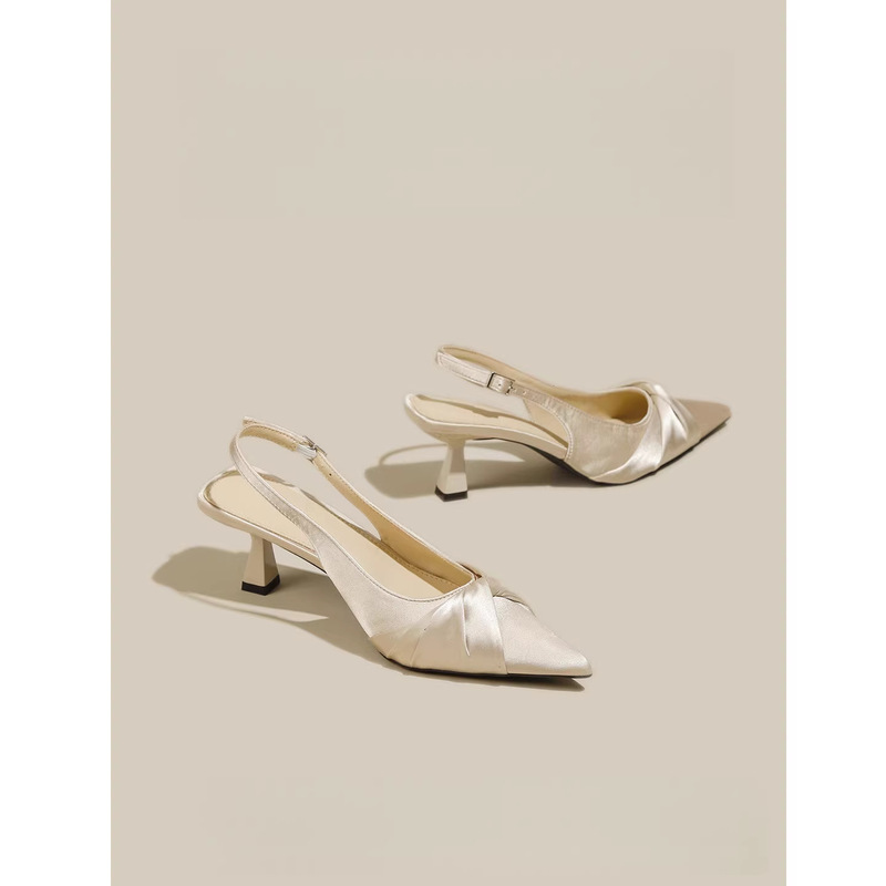 Satin High-Heeled Shoes for Women, French-Style Pointed Toe, Thin Heel, One-Strap Backless Single Shoes, Closed-Toe Sandals for Women
