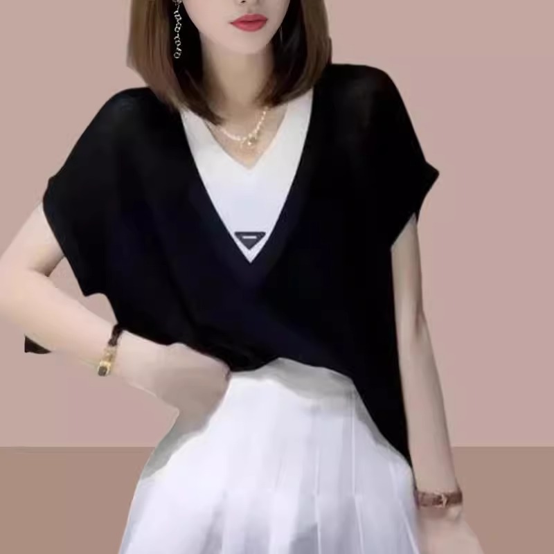 Áo thun nữ tay ngắn cổ chữ V giả hai mảnh dáng rộng che bụng — Màu đen chi tiết 7