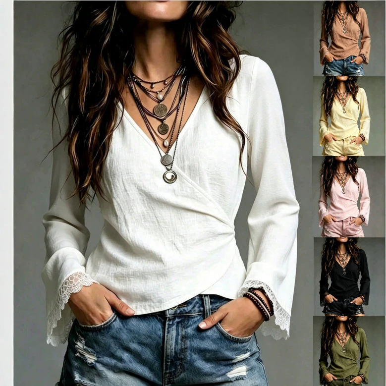 Bohemian Style V-Neck Wrap-Style Long-Sleeve Lace Top with Flared Cuffs, Linen Ruched Waist-Cinching Top