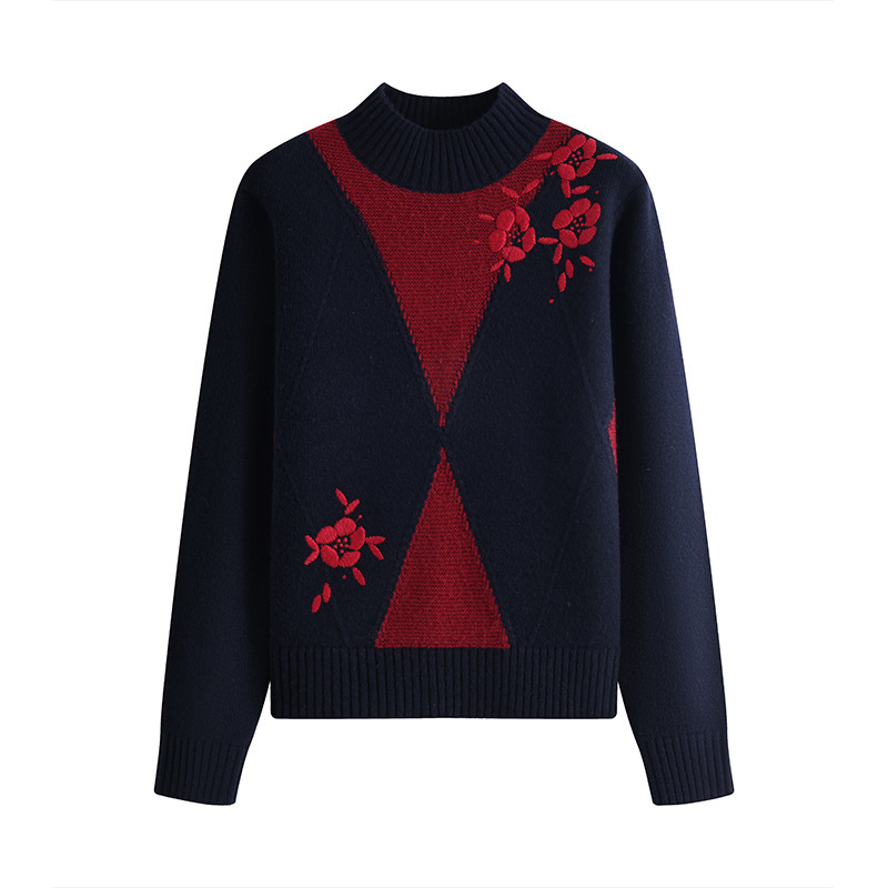 Half-Turtleneck Long-Sleeved Navy Blue Knitwear for Women, 2026 Early Spring New Design, Niche Floral Embroidered Top Half-Turtleneck Long-Sleeved Navy Blue Knitwear for Women, 2026 Early Spring New Design, Niche Floral Embroidered Top