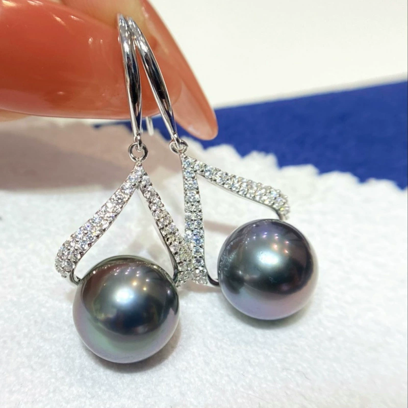  Earrings, black beads, accessories from pearl, silver 925 sample, 10-11mm