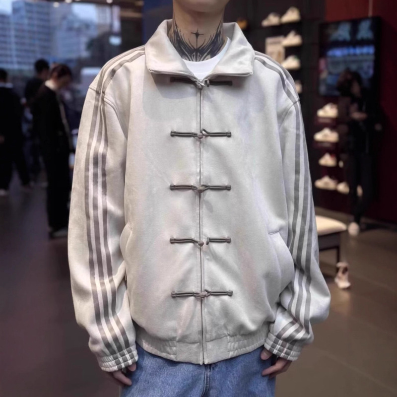 新中式国风盘扣外套男款春季设计感立领棒球服三条杠运动开衫夹克|undefined