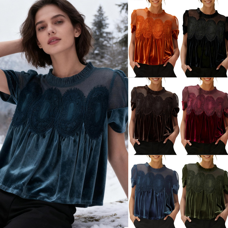 2026 Cross-Border European and American Amazon Fashion Mesh Embroidered Lace Round Neck Pullover Solid Color Velvet Loose Top