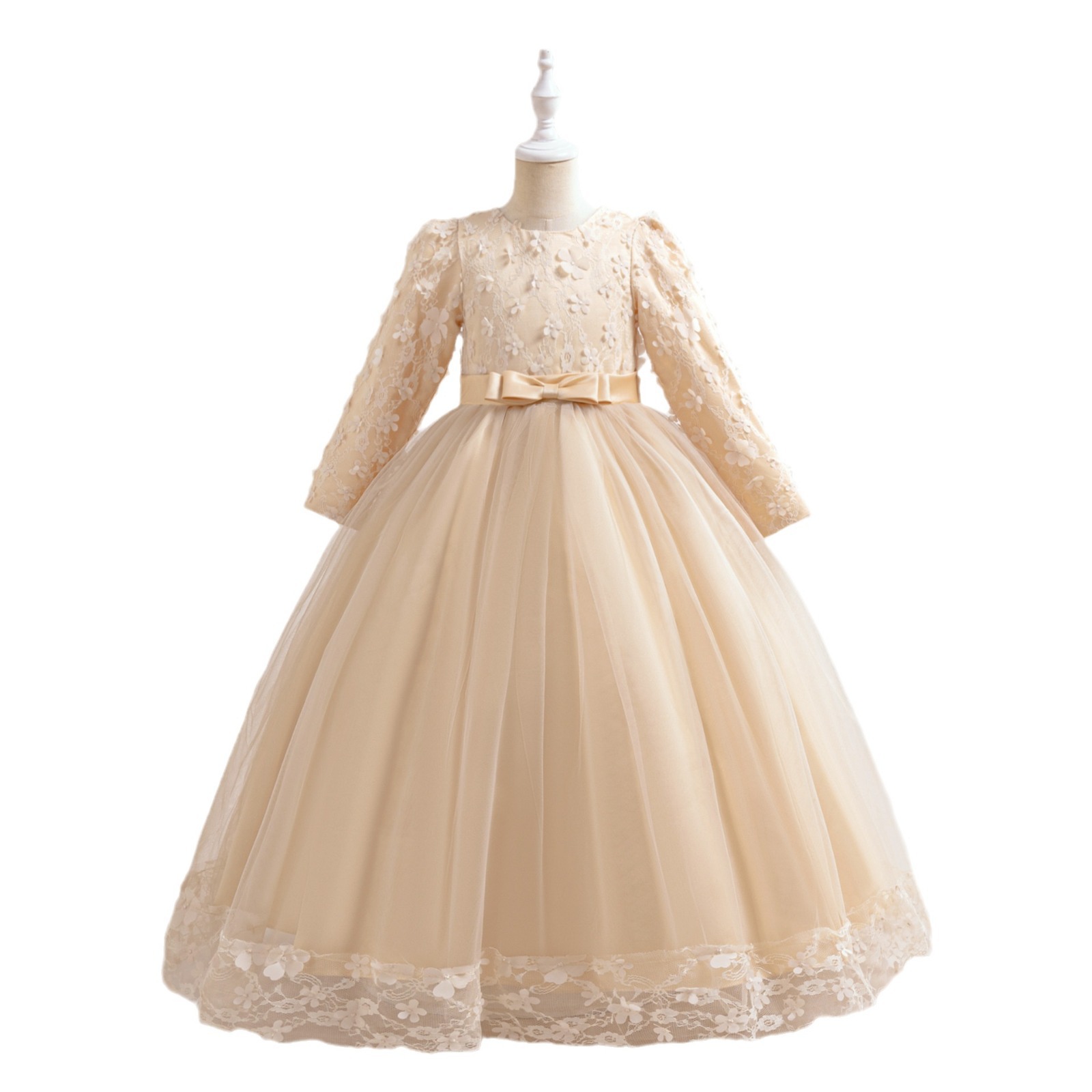 Nuevos vestidos para niños europeos y americanos, vestidos de princesa, vestidos de novia de flores de manga larga para niños grandes, faldas largas de tutú de malla