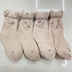 Summer Women Mid-rise Thin Stockings with Heel, Wholesale Skin Tone with Small Flowers for Middle-aged and Elderly Women