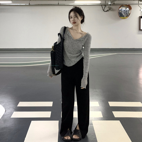 Korean Pure Desire Lazy V-Neck Slimming T-shirt Women's Top Casual Long Sleeve T-shirt