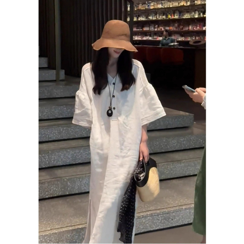 Sanya 해변 휴가 해변 드레스 틈새 프랑스 스타일 아름다운 린넨 코튼 린넨 중공 흰색 드레스 여성 여름