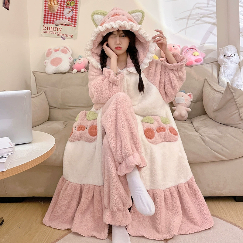 Пижама из кораллового бархата демисезонная, тёплый зимний фланелевый халат с капюшоном
