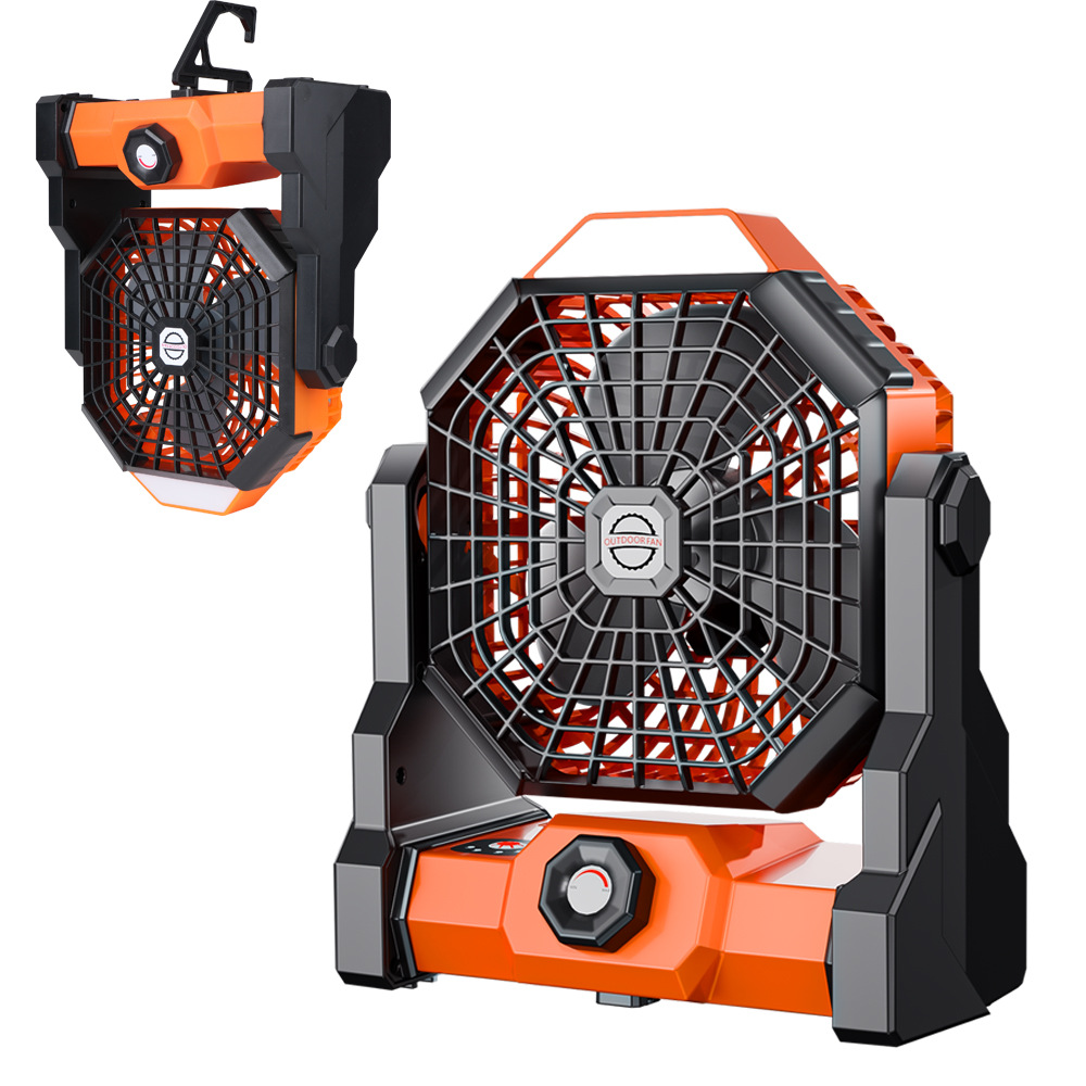 Ventilador USB portátil de alta potencia recargable para camping con gancho de iluminación, ideal para exteriores y tiendas de campaña.