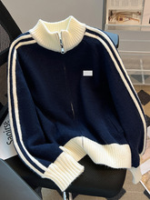品牌折扣撞色长袖立领毛衣外套女春秋新款宽松棒球服开衫拉链上衣