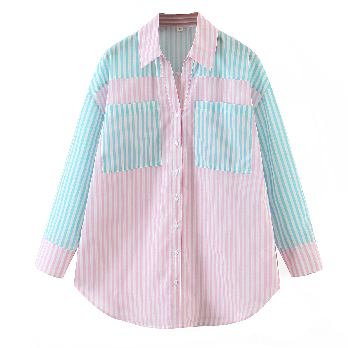 long sleeve striped printed color stitching shirt NSLQS128907