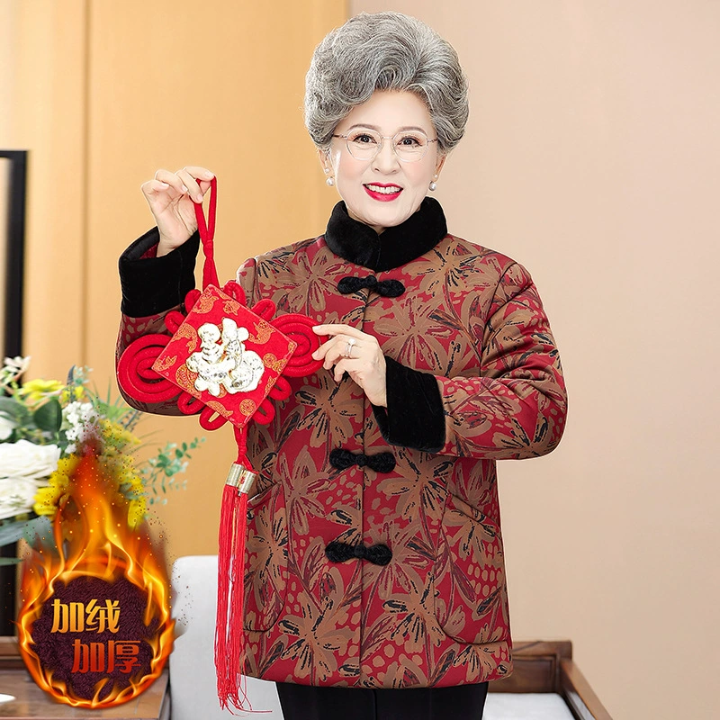 Женщины среднего и пожилого возраста хлопчатобумажная одежда с принтом вышитой хлопчатобумажной одежды женская куртка бабушка зимняя мода хлопковая куртка пожилая женщина