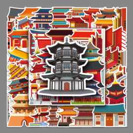 50张中国古建筑风景中国风涂鸦笔记本电脑自行车装饰防水汽车贴纸