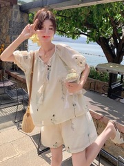 法式清新简约短袖上衣短裤两件套女夏季新款减龄系带小个子套装