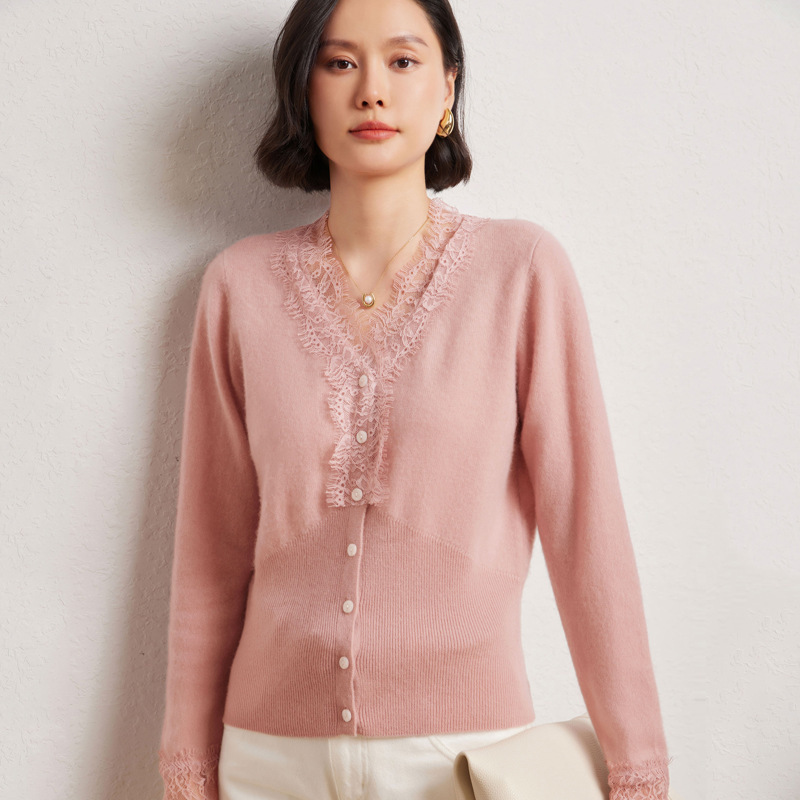 Fashion Simple French Cashmere V-neck Lace Base Sweater Autumn New Lace Stitching Knitted Cardigan Top Women