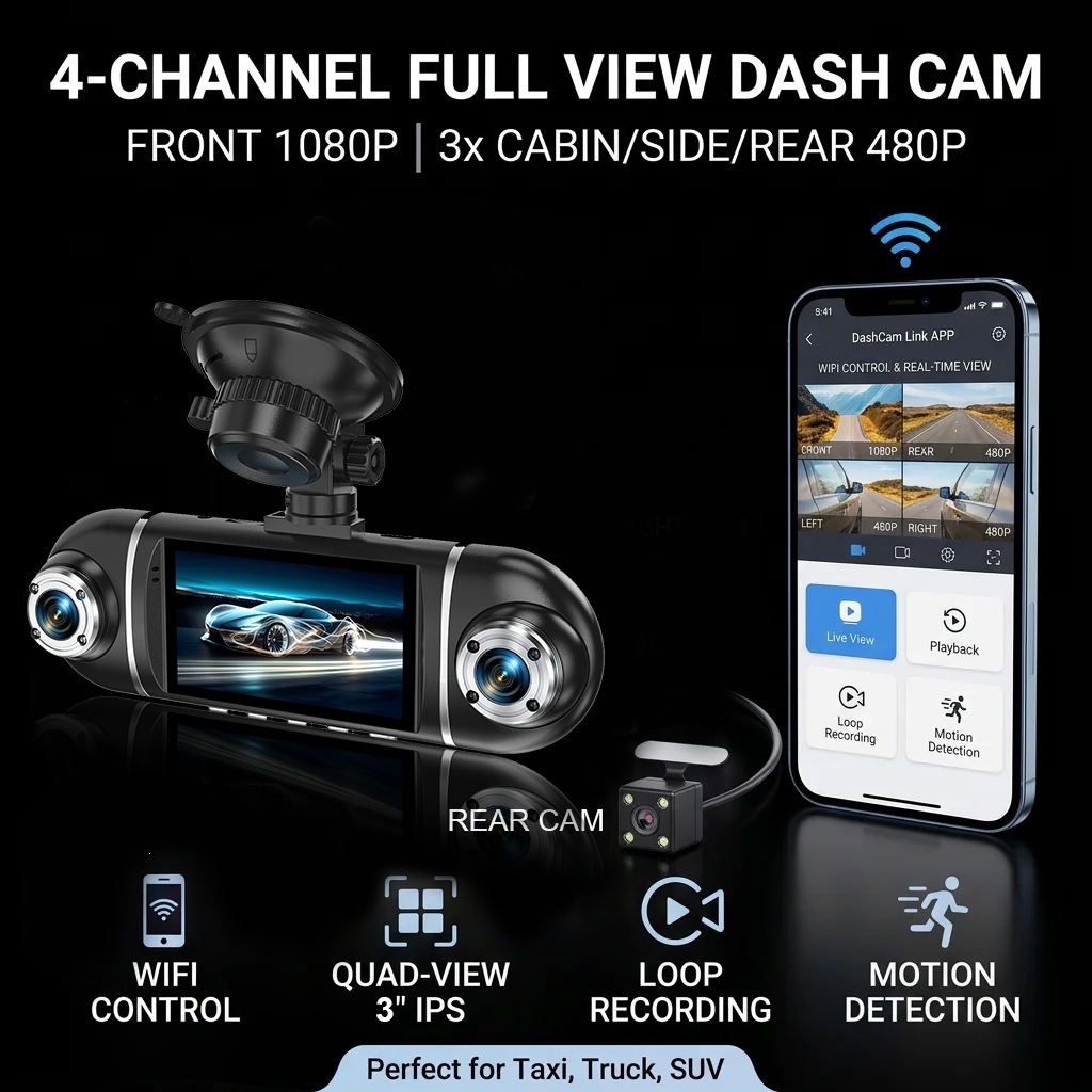 Cross-border dashcam with four recording channels, WiFi mobile phone connectivity, Z86 four-lens car recorder with reverse camera