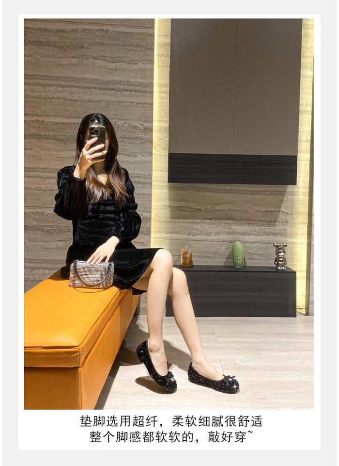 Giày búp bê nữ mũi vuông đế nhỏ đính sequin nơ, kiểu Mary Jane lười gót thấp 1–3 cm — Màu bạc, Màu đen chi tiết 20