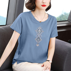 中年のお母さんの半袖のtシャツの女性の純綿の夏服のゆったりしている大きいサイズの洋気の上着の中で老年の純綿の婦人服の夏